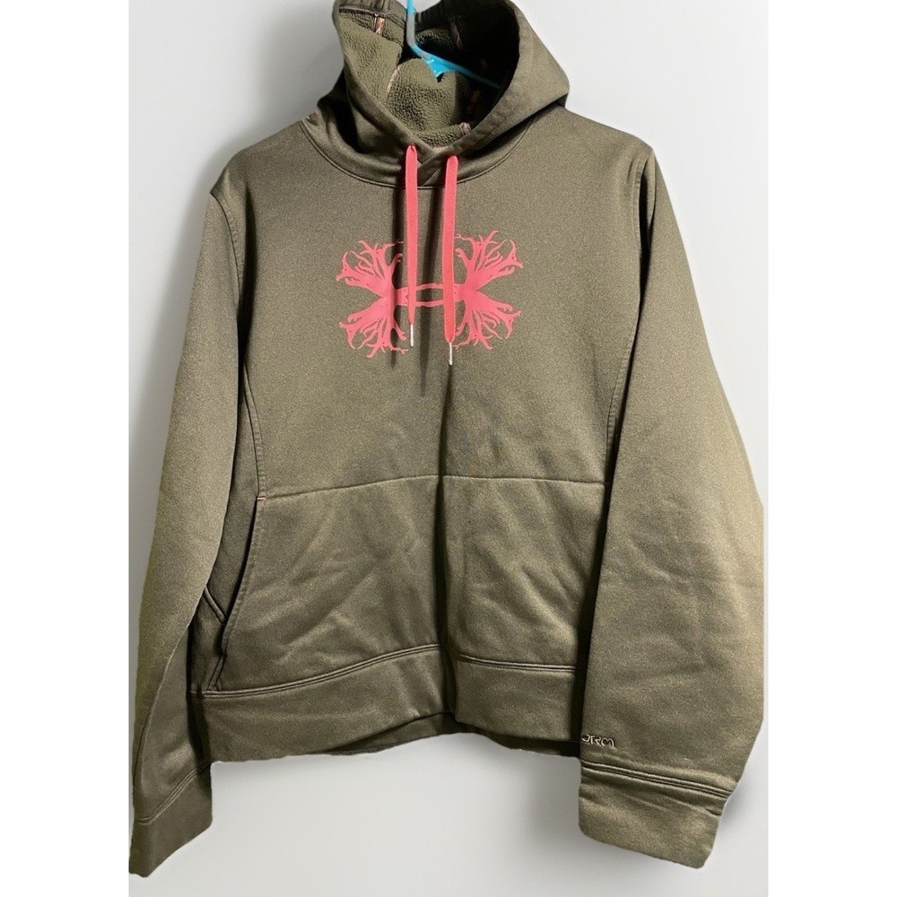 Under Armour Storm Hoodie Womens XL Olive Green Pink Antler Logo Fleece Pullover